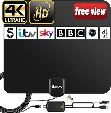 Antena de TV, Boyoye Antena de TV interior para Freeview Digital 4K 1080P HD VHF UHF DVB-T2 DVB-T para Canales Locales Rango de 250+ Millas Compatible Con Todos Los Televisores - Cable Coaxial de 5M